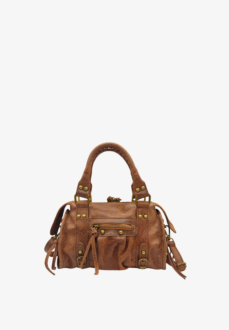Sac à main en cuir marron avec une surface texturée, de forme arrondie, doté de deux poignées courtes et d'accents en matériel en laiton. Comprend une poche zippée à l'avant.