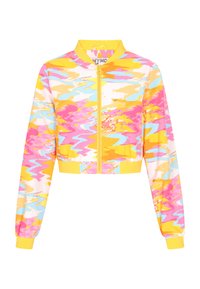 Geknipte bomberjack in levendige roze, gele en blauwe abstracte patronen. Voorzien van een ritssluiting aan de voorkant, ribbelmanchetten en een kraag.