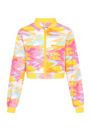 Gekürzte Bomberjacke in lebhaftem Pink, Gelb und blauen abstrakten Mustern. Verfügt über einen Reißverschluss vorne, gerippte Bündchen und einen Kragen.