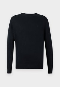 Pulover cu mâneci lungi, de culoare bleumarin, fabricat dintr-un material tricotat, cu decolteu rotund și manșete cu dantelă. Prezintă un logo subtil pe piept.