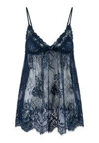 Camisola in pizzo navy con spalline regolabili, caratterizzata da intricati motivi floreali, un dettaglio a fiocco nella parte frontale e un orlo ondulato.