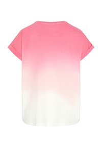 Pink and white gradient t-shirt, short sleeves, round neckline, soft cotton material, smooth texture, back view only.