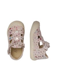 Rosa Kinderschuhe mit Herzmustern in metallischen Farbtönen, ausgestattet mit einem Klettverschluss und einer Gummisohle. Entwickelt für Komfort und Atmungsaktivität.