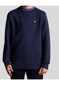Felpa blu navy in cotone con collo a giro, polsini e orlo a coste, caratterizzata da un piccolo logo giallo sul petto.