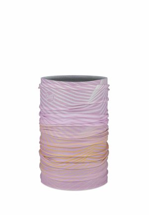 Seamless tubular neck gaiter with pink, white, and orange diagonal stripe patterns and Buff logo on side.