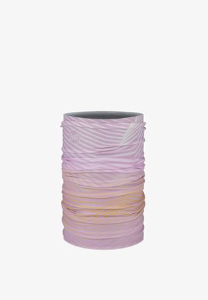 Seamless tubular neck gaiter with pink, white, and orange diagonal stripe patterns and Buff logo on side.