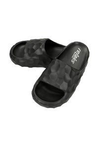Zwarte slide sandalen van gestructureerd rubber, met een hexagonaal patroon, open teen ontwerp en een gestructureerde zool voor grip.