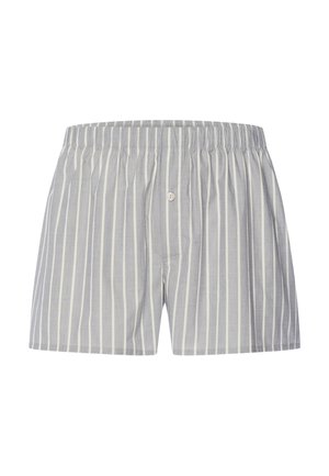 Pánské boxerky svisle pruhované šedou a bílou barvou, s elastickým pasem a jedním knoflíkem vpředu.