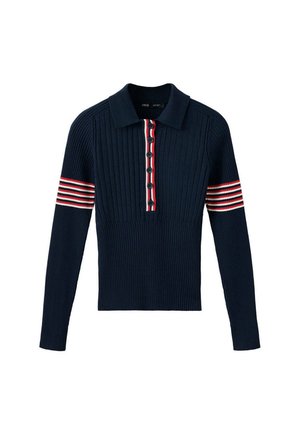 Jersey de polo azul marino con canalé, manga larga y franjas rojas y blancas en las mangas, con tapeta de botones en el centro delantero.
