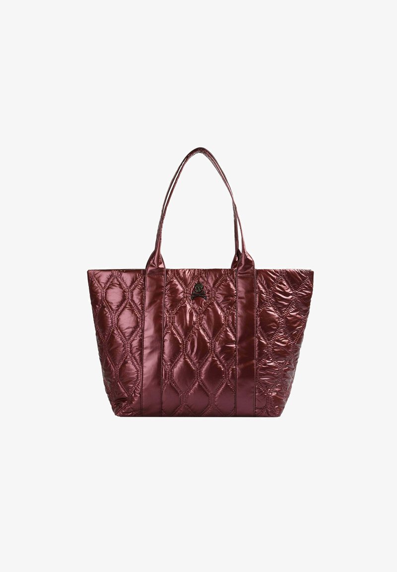 Quilted tote bag i mørk burgunder, med glansfuld overflade, diamantmønster og dobbelt bærehåndtag. Inkluderer en lille logoaccent.