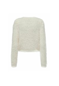 Cropped, fluffy white sweater with long sleeves. Textured knit pattern with a soft, smooth surface. Crew neckline, relaxed fit.