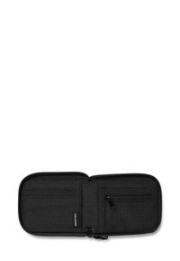 Portefeuille zippé noir en tissu texturé, comportant plusieurs emplacements pour cartes, une poche zippée et un logo à la base.