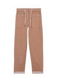 Lichtbruine katoenen broek met een elastische tailleband, trekkoord en twee voorzakken. Heeft een opgerolde zoom aan de onderkant.