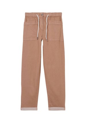Pantaloni in cotone marrone chiaro con vita elasticizzata, cordino e due tasche frontali. Caratterizzati da un risvolto all'orlo.