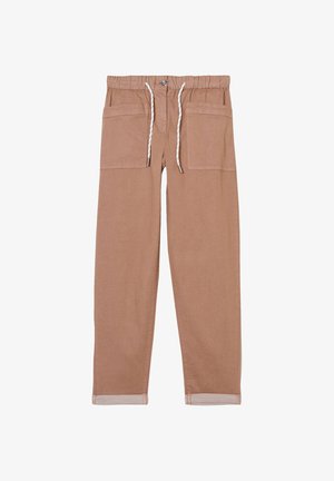Pantaloni in cotone marrone chiaro con vita elasticizzata, cordino e due tasche frontali. Caratterizzati da un risvolto all'orlo.