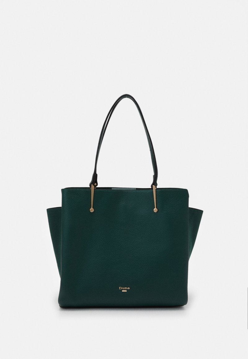 Sac fourre-tout en cuir vert au design structuré, avec deux poignées noires et des ferrures dorées. Logo affiché à l'avant.