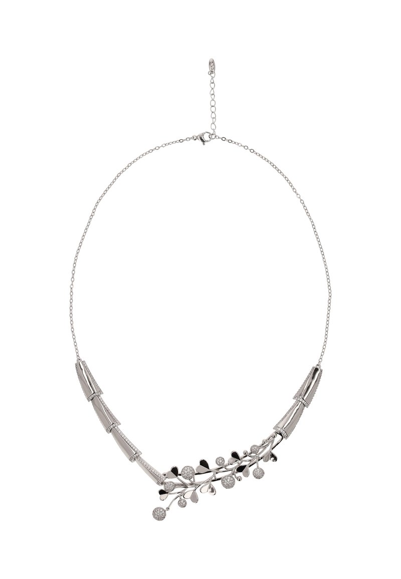 Sølv halskæde med en buet design indeholdende metalagtige sektioner der ligner bambus, udsmykket med en gren af hjerter og runde accenter.