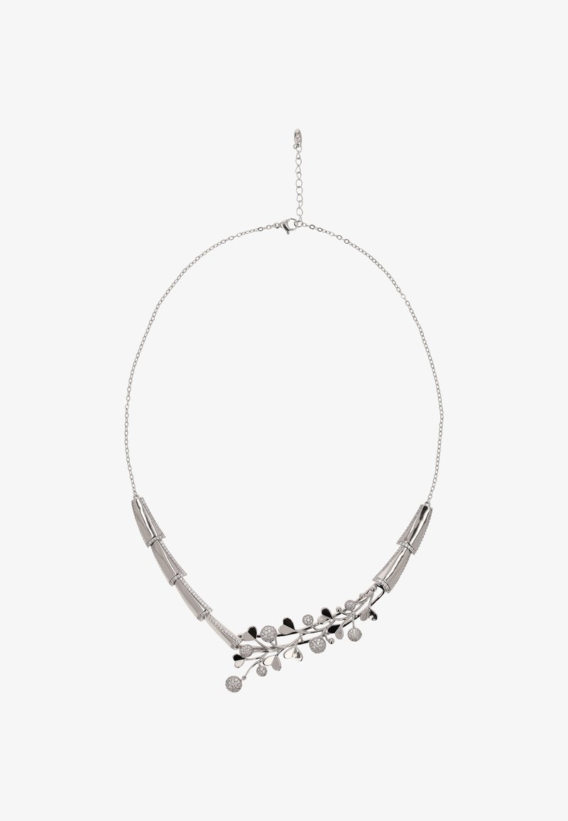 Sølv halskæde med en buet design indeholdende metalagtige sektioner der ligner bambus, udsmykket med en gren af hjerter og runde accenter.