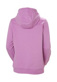Sudadera con cremallera morada, con capucha, que presenta mangas largas, un corte recto y una textura suave de algodón. Sin logotipos ni patrones visibles.