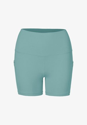 Light teal athletic shorts made of stretchy fabric with a high waistband and side pockets. Smooth texture, designed for comfort and movement.