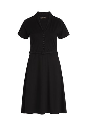 Robe noire à manches courtes avec un col, boutonnage sur le devant et une taille ajustée. Design de jupe évasée avec une texture lisse.