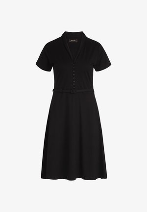 Abito nero a maniche corte con colletto, chiusura frontale a bottoni e vita aderente. Design con gonna svasata e texture liscia.
