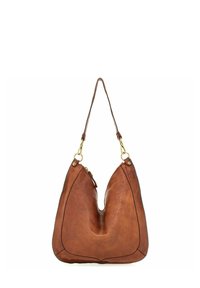 Bolso de mano de cuero marrón con un diseño único en forma de V, que presenta una sola correa para el hombro y detalles en hardware dorado. Textura suave con costuras decorativas.