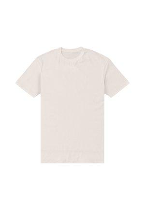 Almindelig hvid kortærmet t-shirt med rund hals lagt fladt på en hvid baggrund.