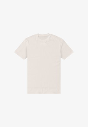 T-shirt blanc uni à manches courtes et col rond, posé à plat sur un fond blanc.