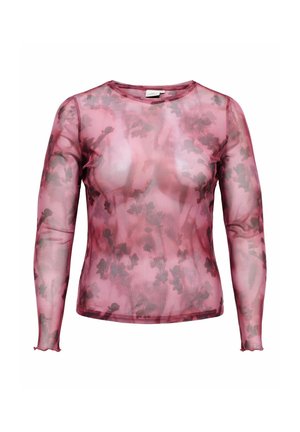 Haut rose transparent à manches longues avec motif floral foncé et encolure ronde, poignets légèrement froncés et silhouette ajustée.