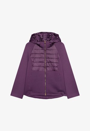 Jachetă cu glugă mov, cu fermoar în față, având un panou cusut pe piept și mâneci netede. Material moale cu un finisaj mat.