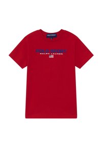 Červené bavlněné tričko s krátkým rukávem a kulatým výstřihem, s nápisem "POLO SPORT RALPH LAUREN" a malou grafikou americké vlajky.