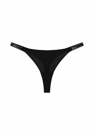 Czarne stringi z ribbowanej tkaniny, z wąskim paskiem w talii i logo. Prosty design z minimalnym zakryciem.