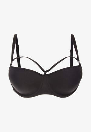 Černá podprsenka s vyztuženými košíčky, nastavitelnými ramínky a dekorativním detailem popruhu spojujícím košíčky ve předním středu.