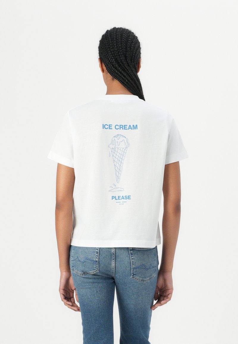 White cotton t-shirt with short sleeves, featuring a blue graphic of an ice cream cone and text "ICE CREAM PLEASE" on the back.
