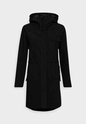 Schwarze Kapuzenjacke mit einstellbarem Taillenband und einer Brusttasche. Sie hat lange Ärmel und einen geraden Saum. Glatte Stofftextur.