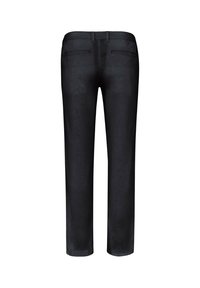 Black trousers with a smooth texture, straight-leg cut, two back pockets, and a belt loop waistband.