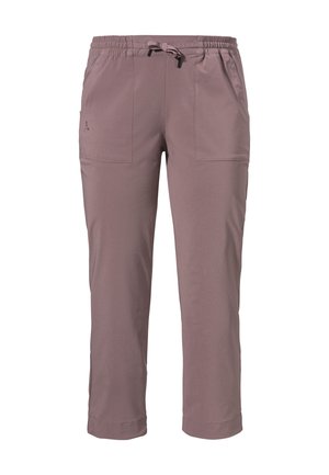 Light mauve cropped pants made of smooth fabric with an elastic waistband, drawstring, and two front pockets.