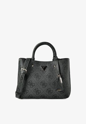 Black Guess handbag with dual handles, adjustable shoulder strap, subtle logo pattern, and attached branded keychain detail.