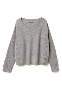 Grauer V-Ausschnitt-Pullover aus strukturiertem Strickstoff, mit gerippten Bündchen und Saum, lockerer Passform und seitlichen Schlitzakzenten.