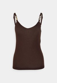 Brun spaghetti strap top med V-halsdesign, prydet med guldfarvede detaljer på stropperne og en blød, strækbar stoftekstur.
