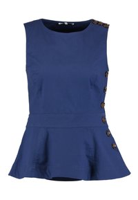 Mörkblå ärmlös topp med peplumdesign, med rund halsringning och knappdetaljer längs vänster sida. Tillverkad av ett slätt tyg.