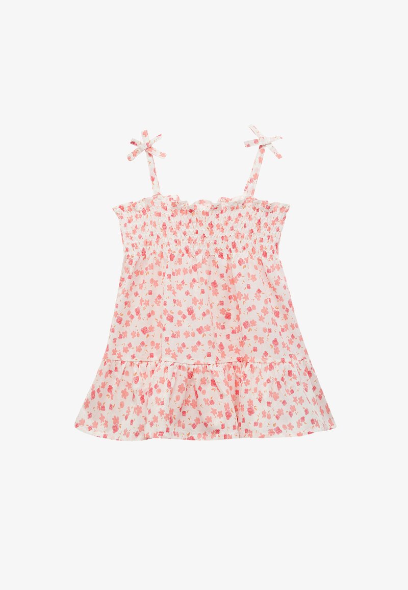 Abito floreale in rosa e bianco, con spalline regolabili, corpino arricciato e orlo a strati con rouches. Materiale in cotone.