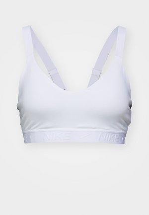 White sports bra with adjustable light purple straps and a textured elastic band featuring raised "NIKE" branding. Smooth, stretchy fabric.