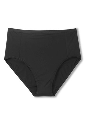 Black bikini bottom made of smooth material, featuring a mid-rise design, full coverage, and clean seams for a streamlined look.
