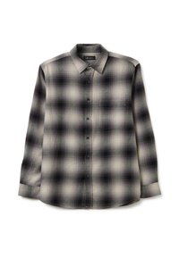Camisa de manga larga a cuadros en tonos de gris y negro. Hecha de una tela ligera con cierre de botones al frente y un bolsillo en el pecho.