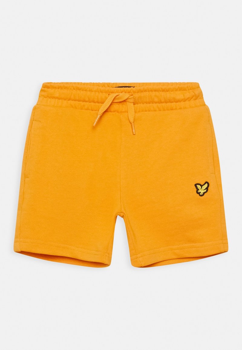 Shorts pour tout-petits orange vif avec taille élastique, cordon de serrage, poches latérales et petit logo papillon sur la jambe gauche.