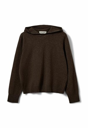 Sudadera con capucha de punto color marrón oscuro con mangas largas y puños acanalados, colocada plana sobre un fondo blanco, mostrando vista frontal y textura suave.