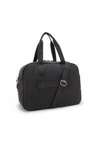 Black fabric duffel bag with two top handles, a detachable shoulder strap, side pocket, and decorative strap detail across the front.