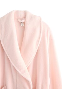 Pink fleece bathrobe featuring a shawl collar, soft texture, and open front design. No visible fasteners or patterns.